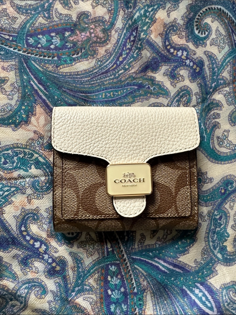 Coach Brown Signature Wallet with White Pebbled Flap